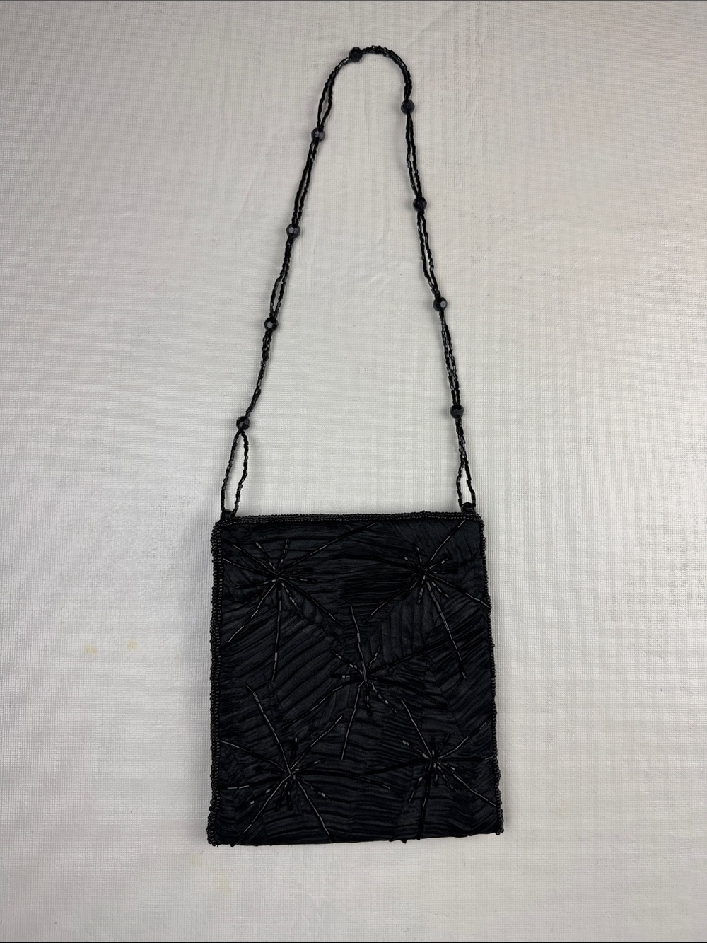 Saks Fifth Avenue Black Beaded Floral Motif Ruched Mini Bag
